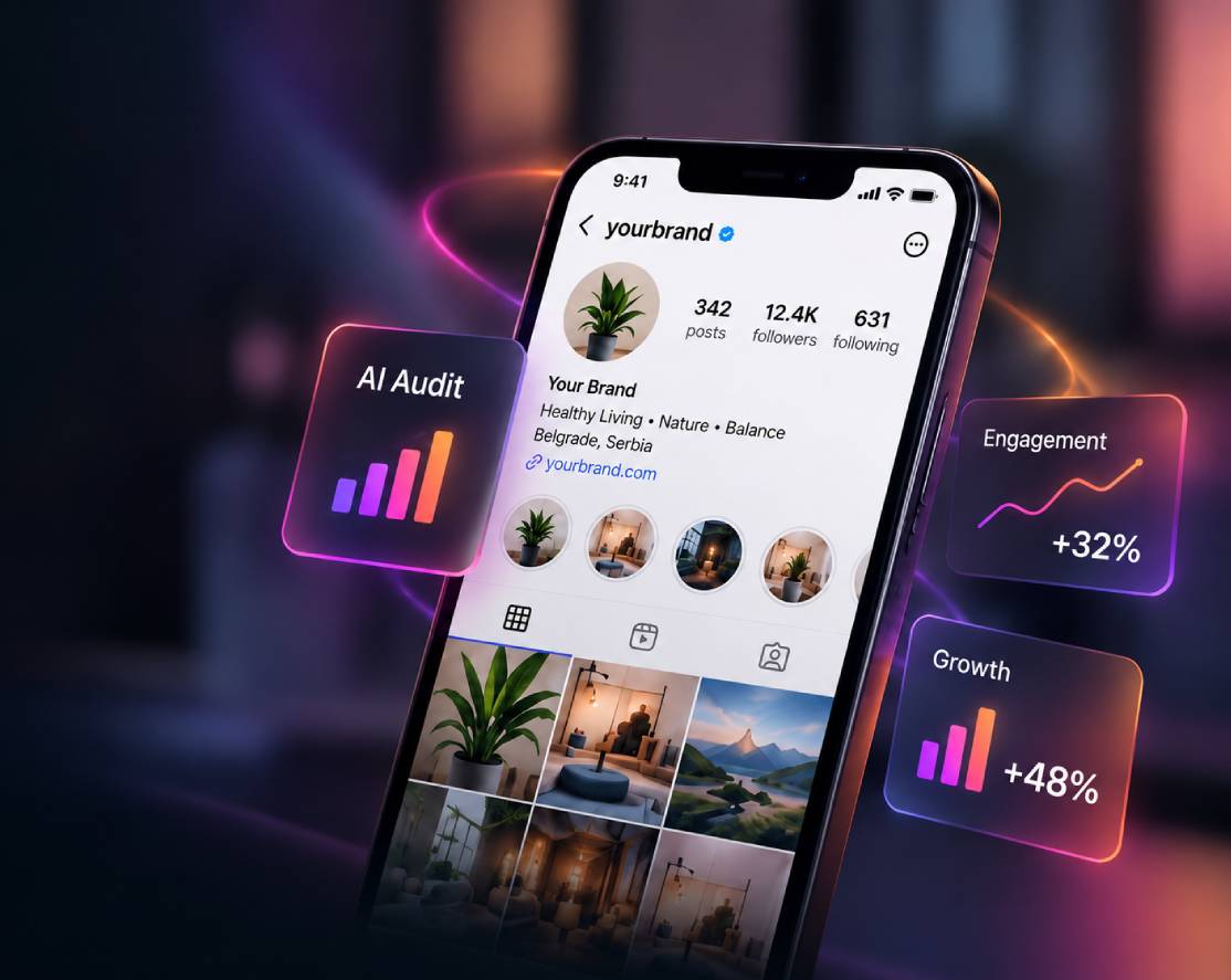 Instagram profil sa AI auditom, karticama za engagement i rast