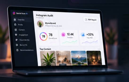 Social Scan AI kontrolna tabla audita na laptopu